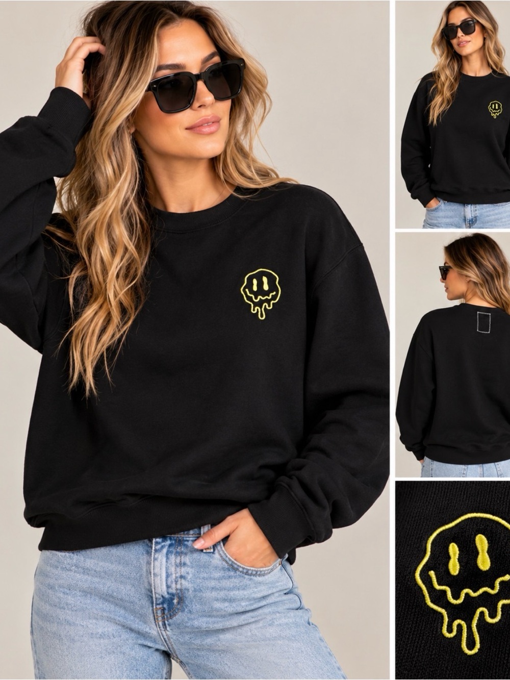 Riot Society Melting Smile Embroidered Crewneck Sweatshirt Black Medium NWT